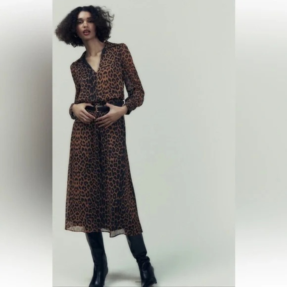 Zara Black and Brown Leopard Shirt Midi Dress Belted Large